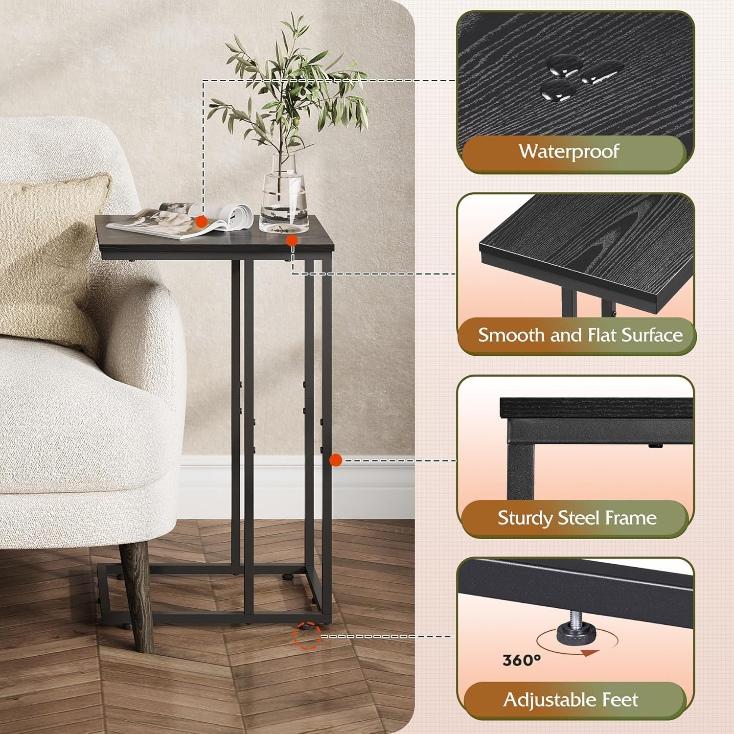 Space-Saving C-Shaped Side Table with 2 Tiers, Durable Steel Frame, Black
