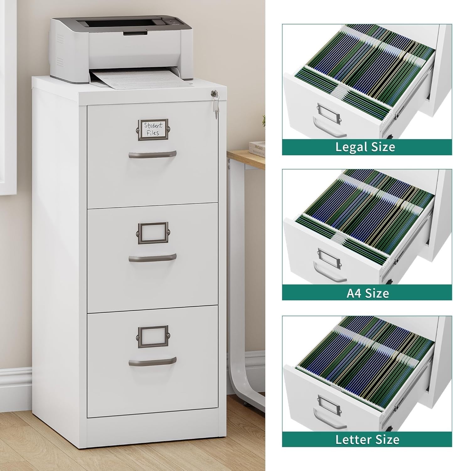 White 3 Drawer Lockable Filing Cabinet Anti-Tip Design – A4 Vertical Storage