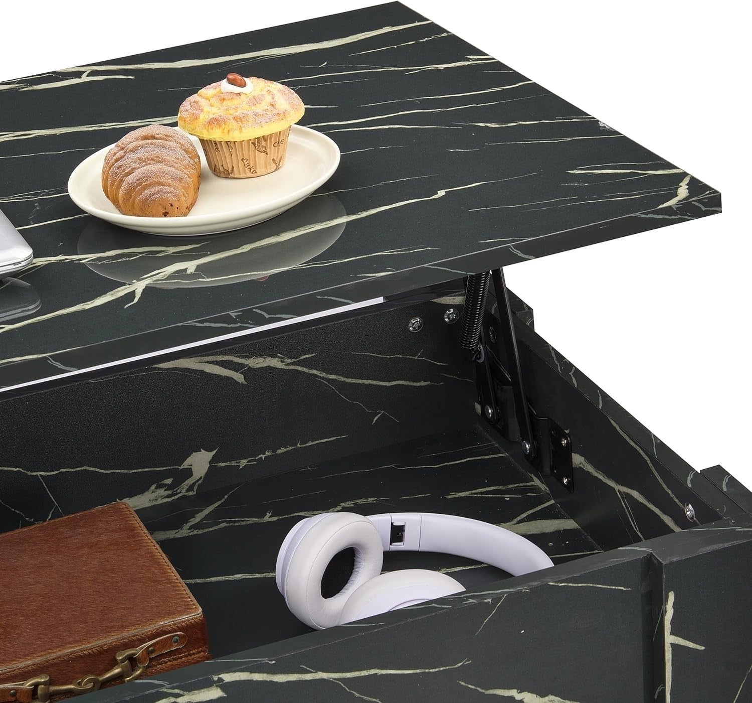High Gloss Lift Top Coffee Table with Storage Black Marble 120cm Modern