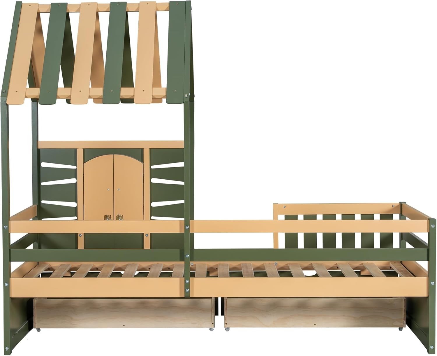 Kids Wooden Bed Frame 3ft Single 90x190cm w/ Roof Window Guardrail & Storage