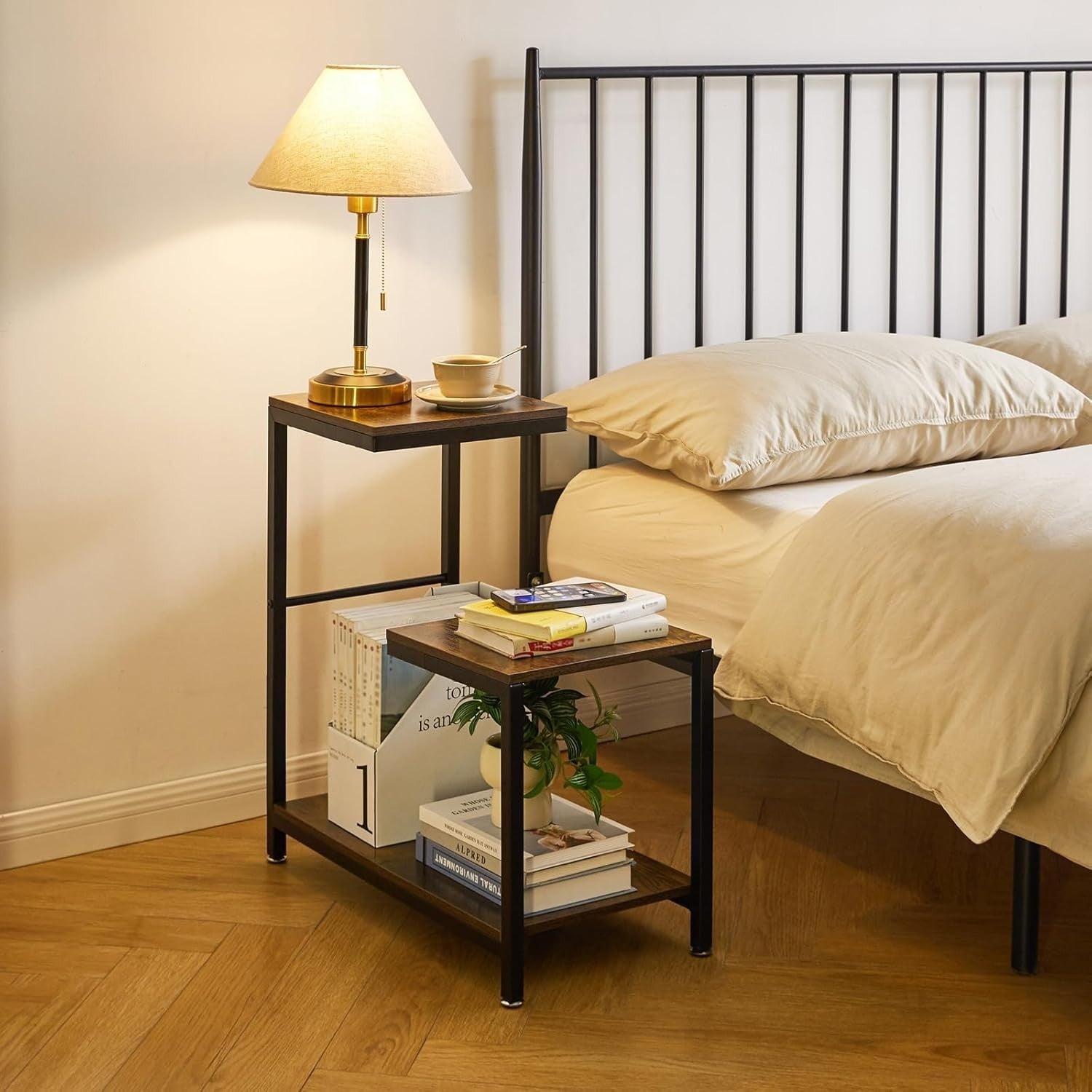 Rustic Brown G-Shaped Side Table 29x60x63.5 cm | Small End Table w/ Storage