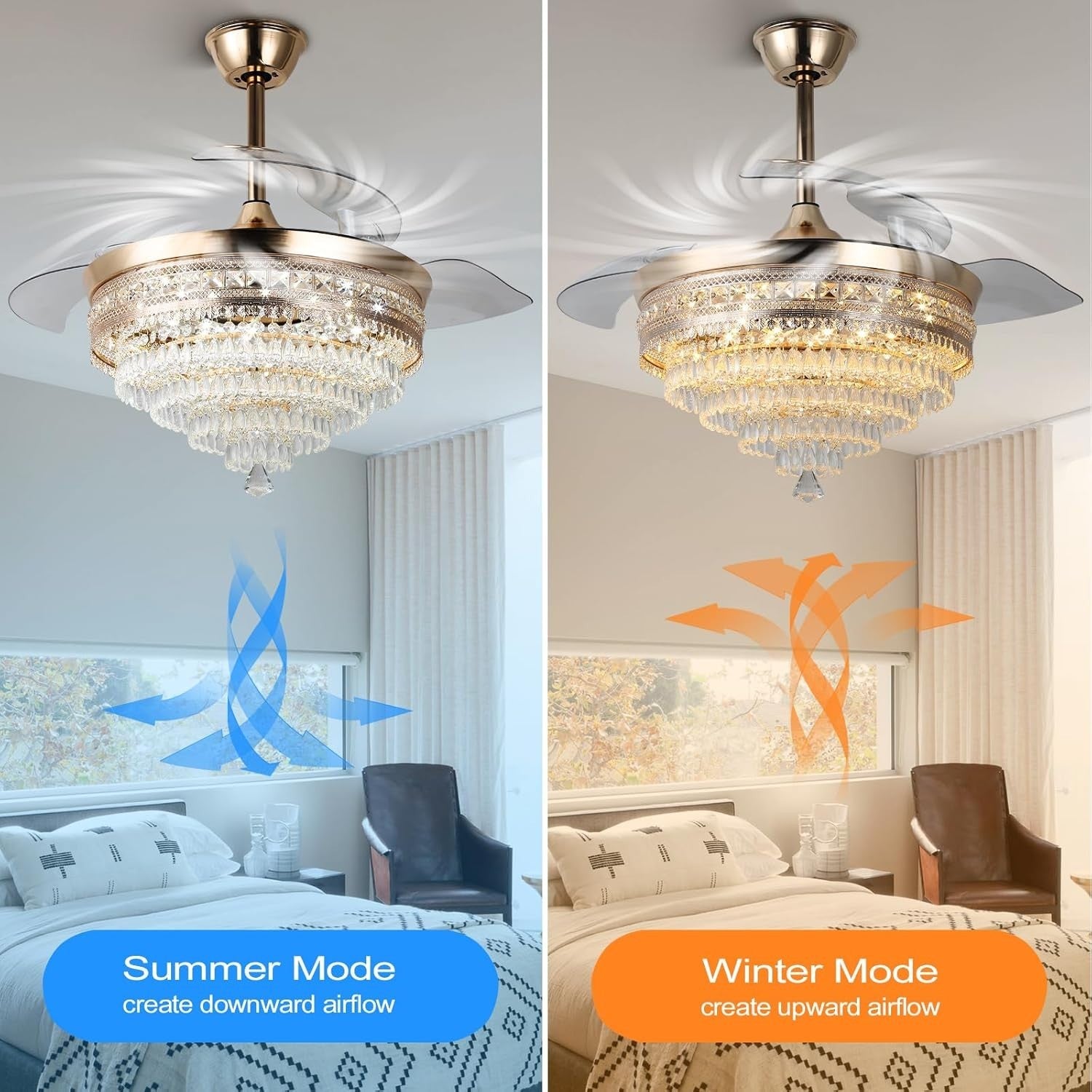 DiiSunBihuo 42"" Gold LED Fandelier, Crystal Fan, 3-Color, Memory, Remote
