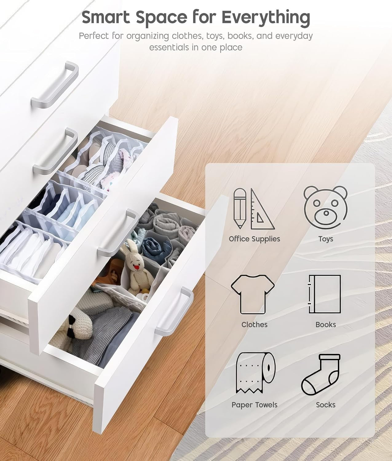 White Mobile Filing Cabinet 5 Drawer 75cm Rolling Office Storage