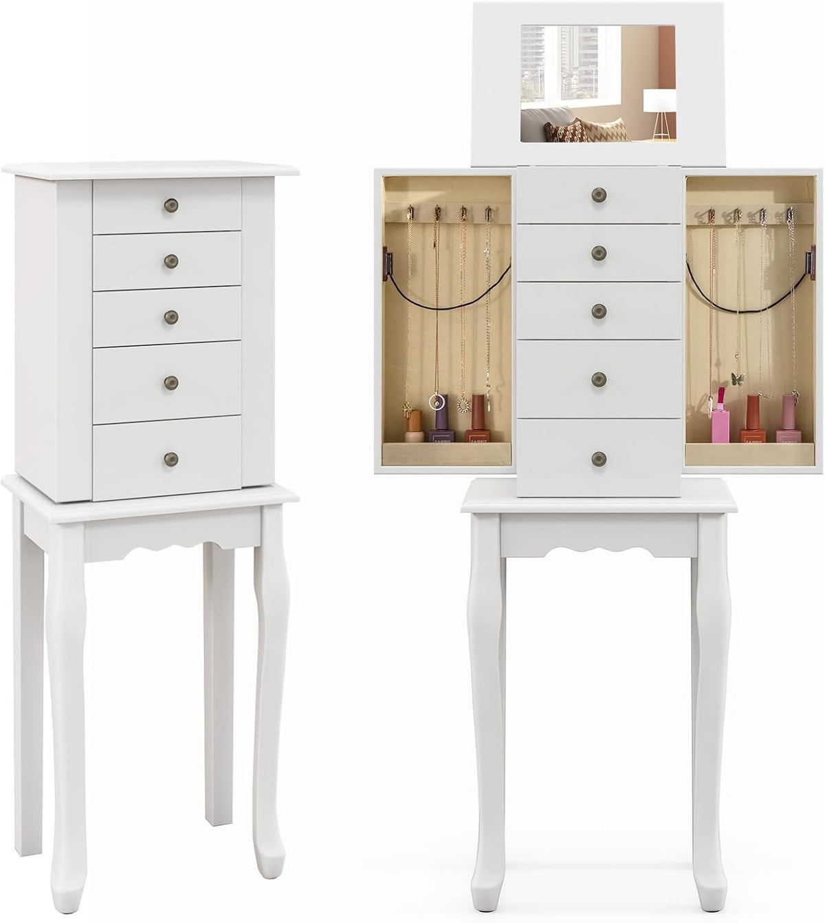 White Freestanding Jewelry Cabinet with Flip Mirror Drawers Storage Chest