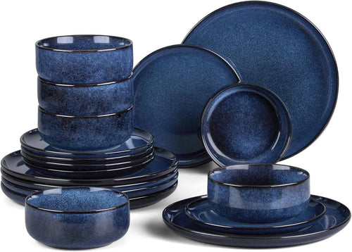 18pc Stoneware Dinnerware Set for 6 Reactive Glaze Plates Bowls Blue