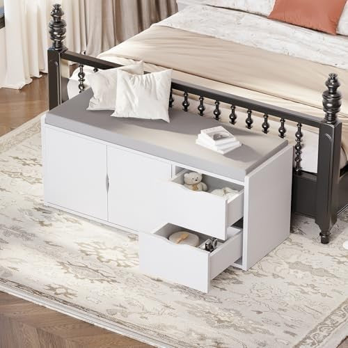 White Oak Entryway Shoe Storage Bench, Cushion 2 Drawers Hidden Rack 101x34x45cm