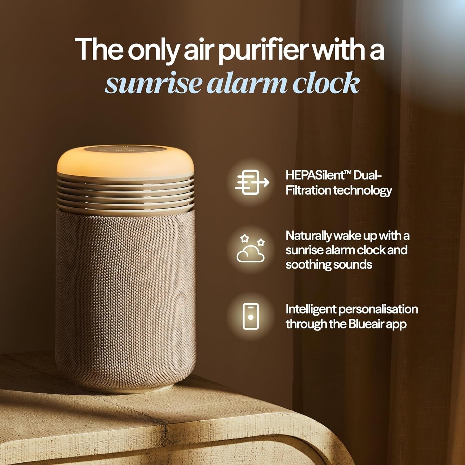 Bedroom Air Purifier Sunrise Wake Light HEPA Quiet Sleep Clock USB