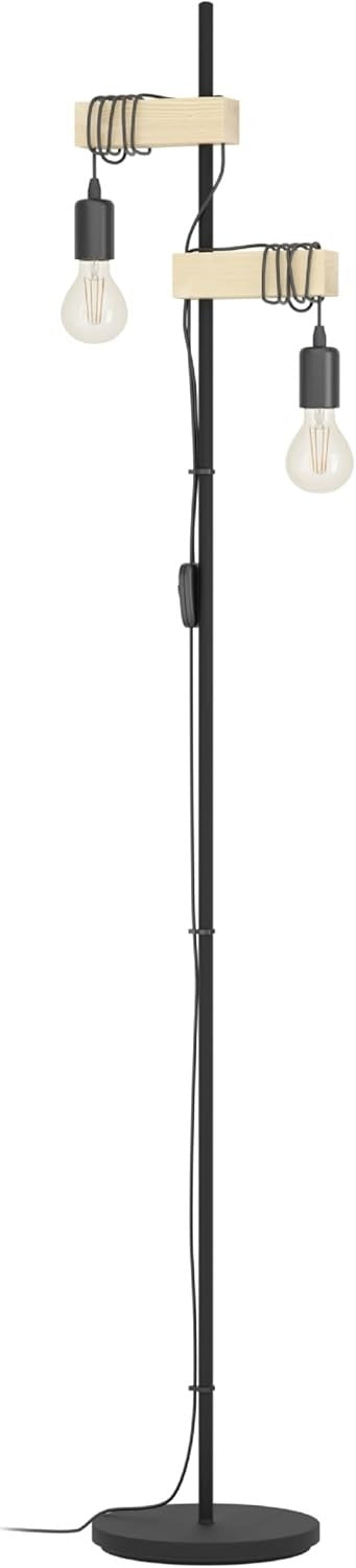 2 Light Vintage Floor Lamp Wood & Metal Standing Lamp E27 Retro Style