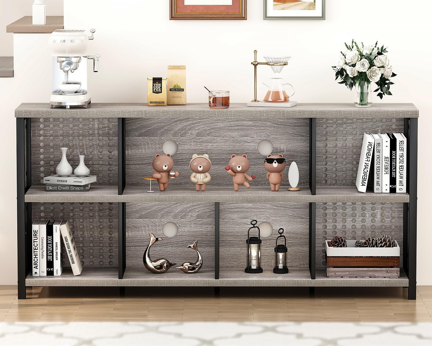 Light Grey Oak 8 Cube Wooden Bookcase Storage Cabinet Industrial 160x34x76cm