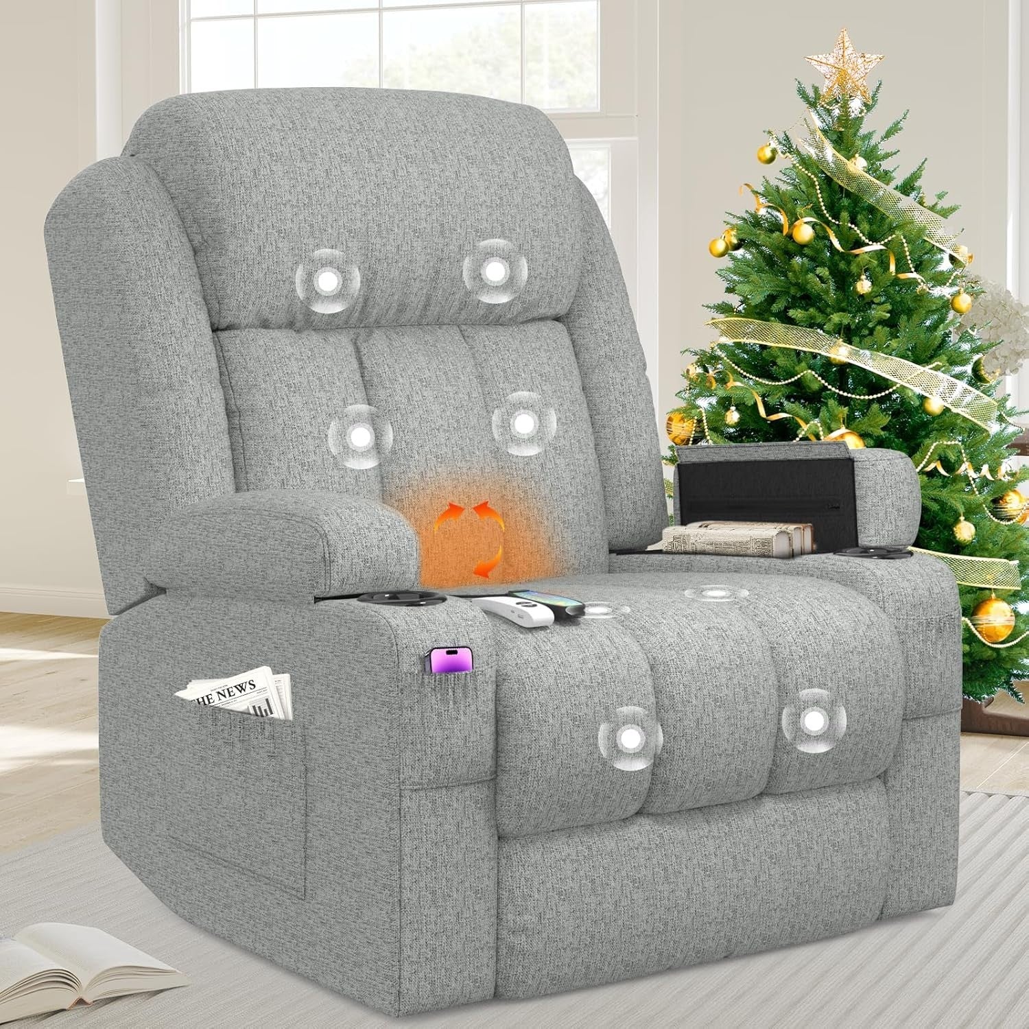 Power Lift Recliner Chair Massage Heat USB Ports Cup Holders Fabric Light Grey