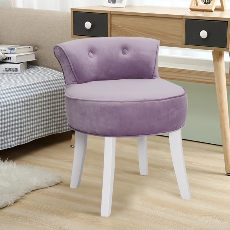 Purple Velvet Dressing Table Stool with Tufted Back & Solid Wood Legs