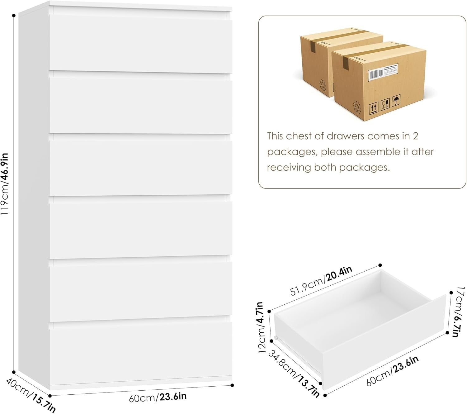 6-Drawer White Chest Storage Cabinet 119cm Tall Bedroom Dresser Organizer