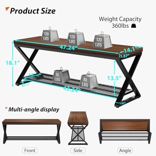 Walnut Industrial Entryway Storage Bench Metal Frame Shoe Rack Seat 119x36x46cm