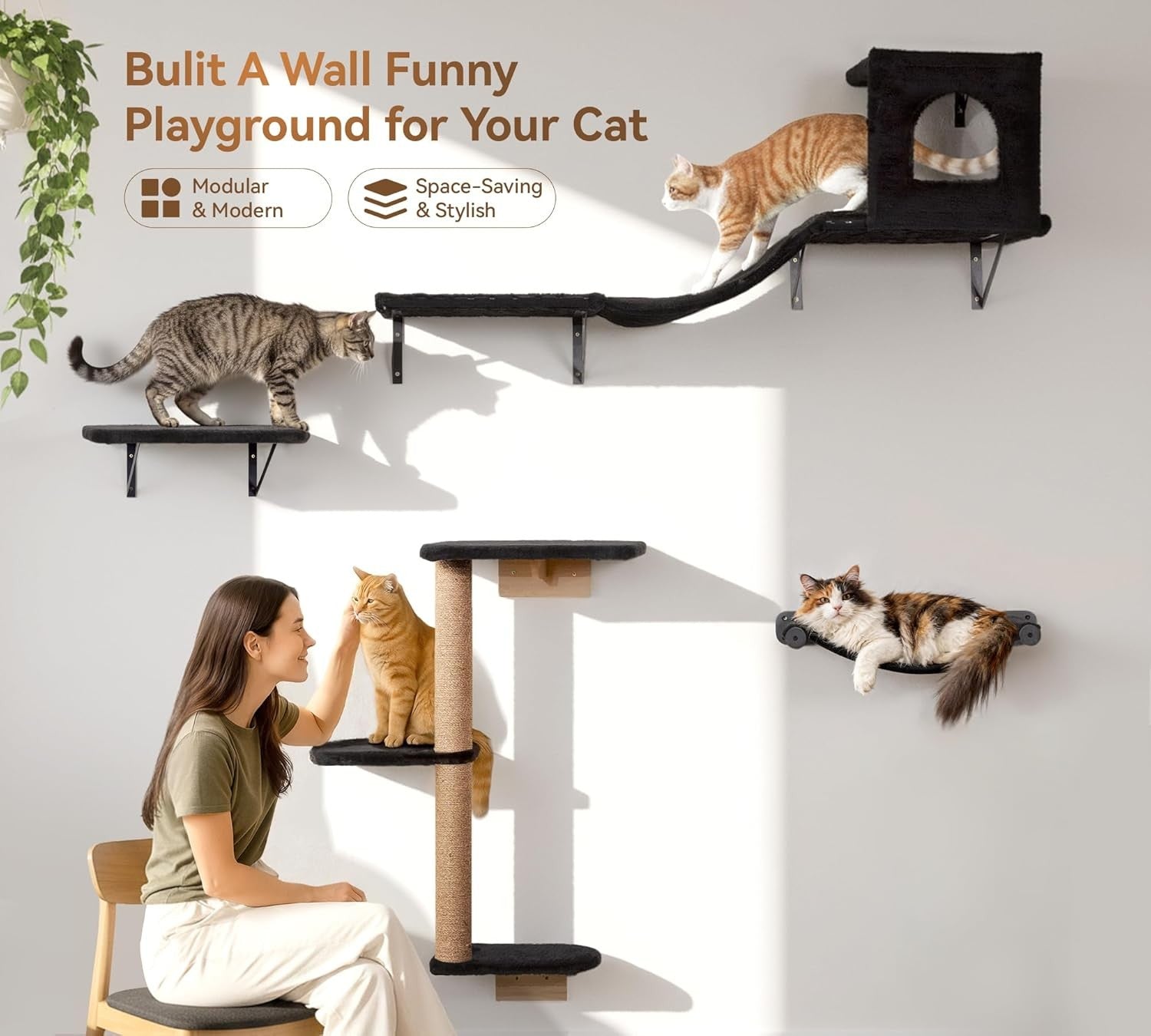 Cat Wall Shelves Set Wall Mounted Climbing Shelves Scratcher Hammock Condo