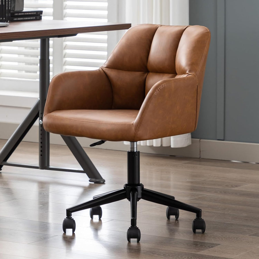 Faux Leather Office Chair Brown Swivel Desk Seat Height Adjustable Metal Base