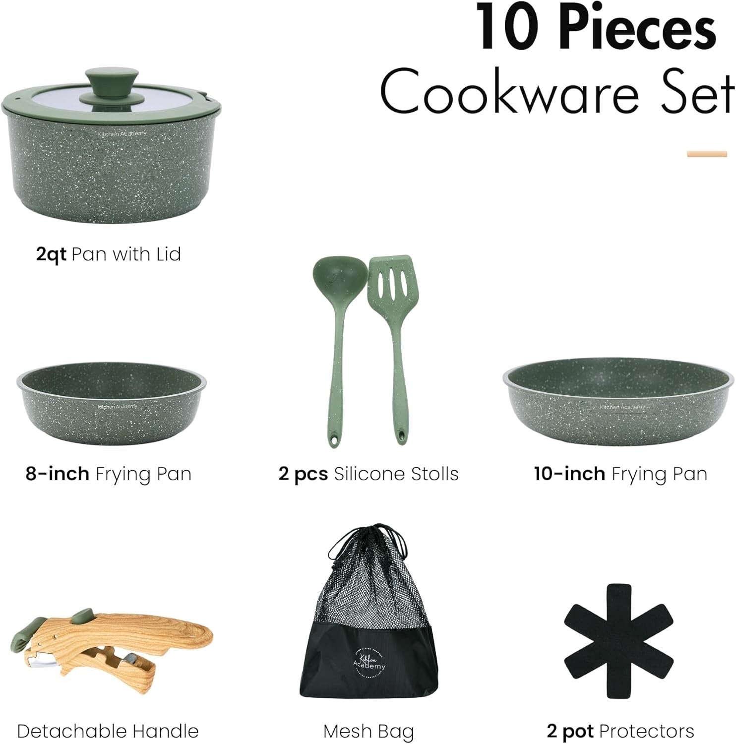 10pcs Green Granite Non Stick Induction Cookware Set with Detachable Handle