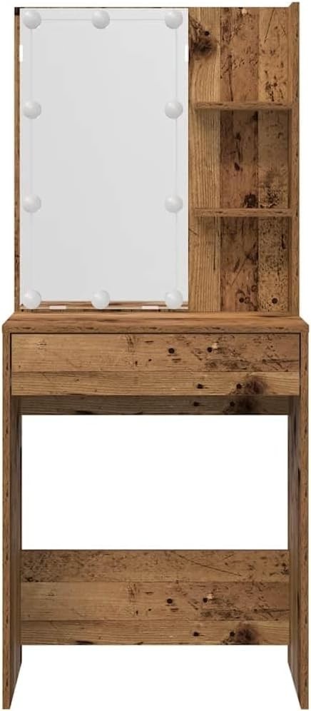 LED Vanity Set Dressing Table Mirror Stool Old Wood Makeup Desk Storage Drawers