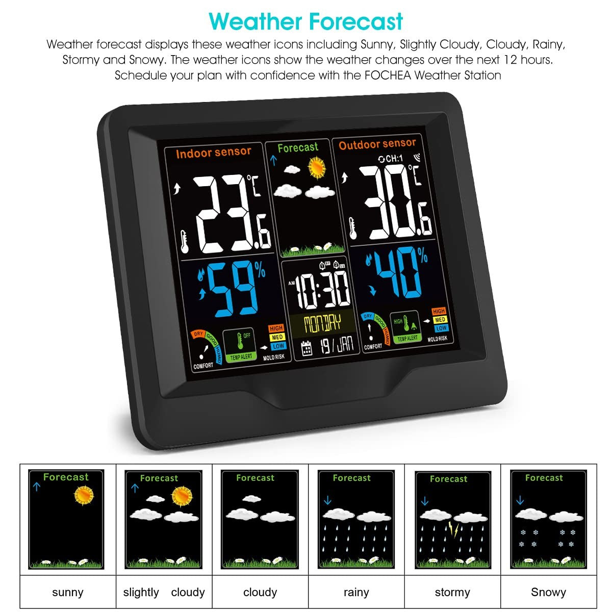 Black Wireless Weather Station Outdoor Sensor LCD Forecast Temp Humidity
