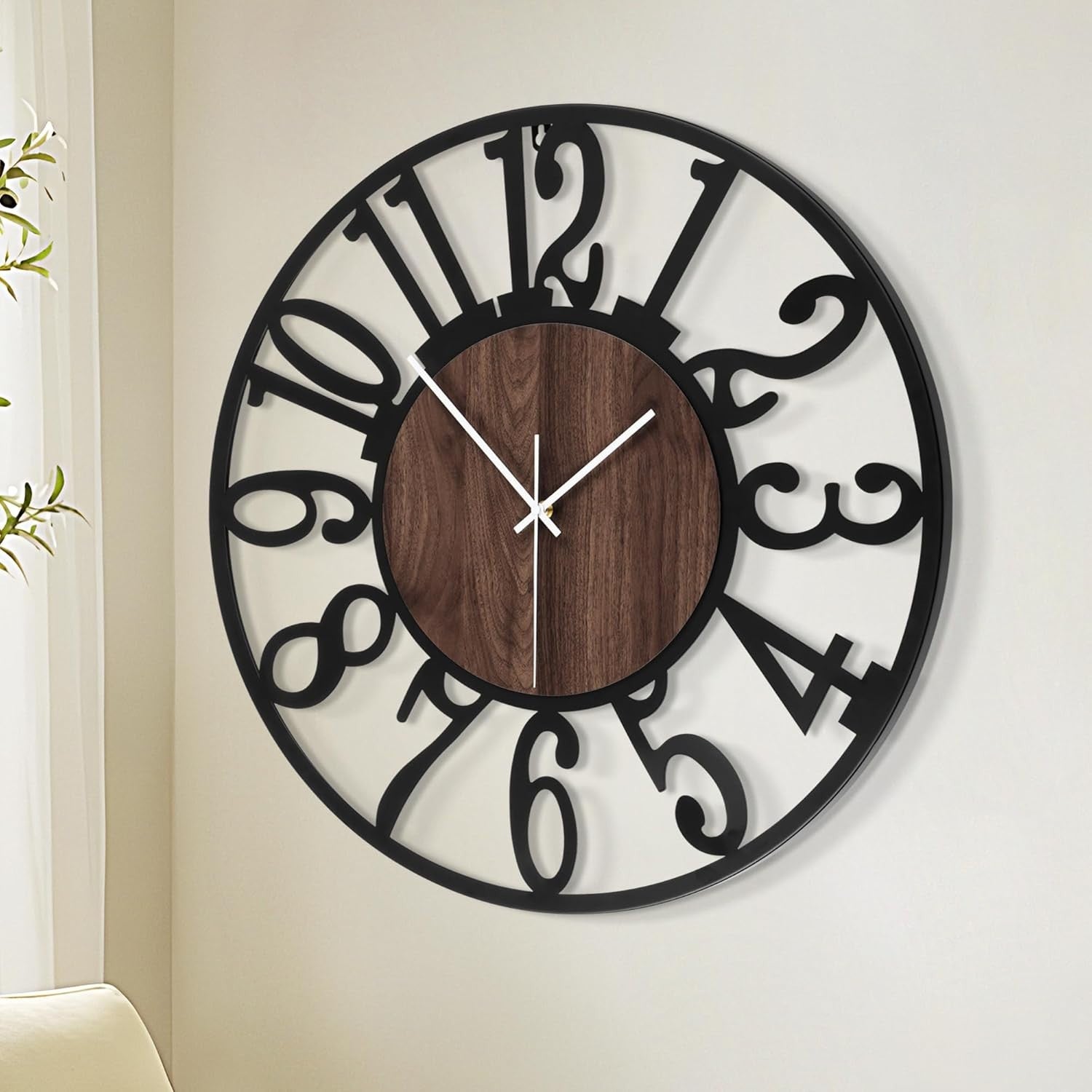 80cm Large Wall Clock Silent Black Arabic Wood Retro Loft Office Decor