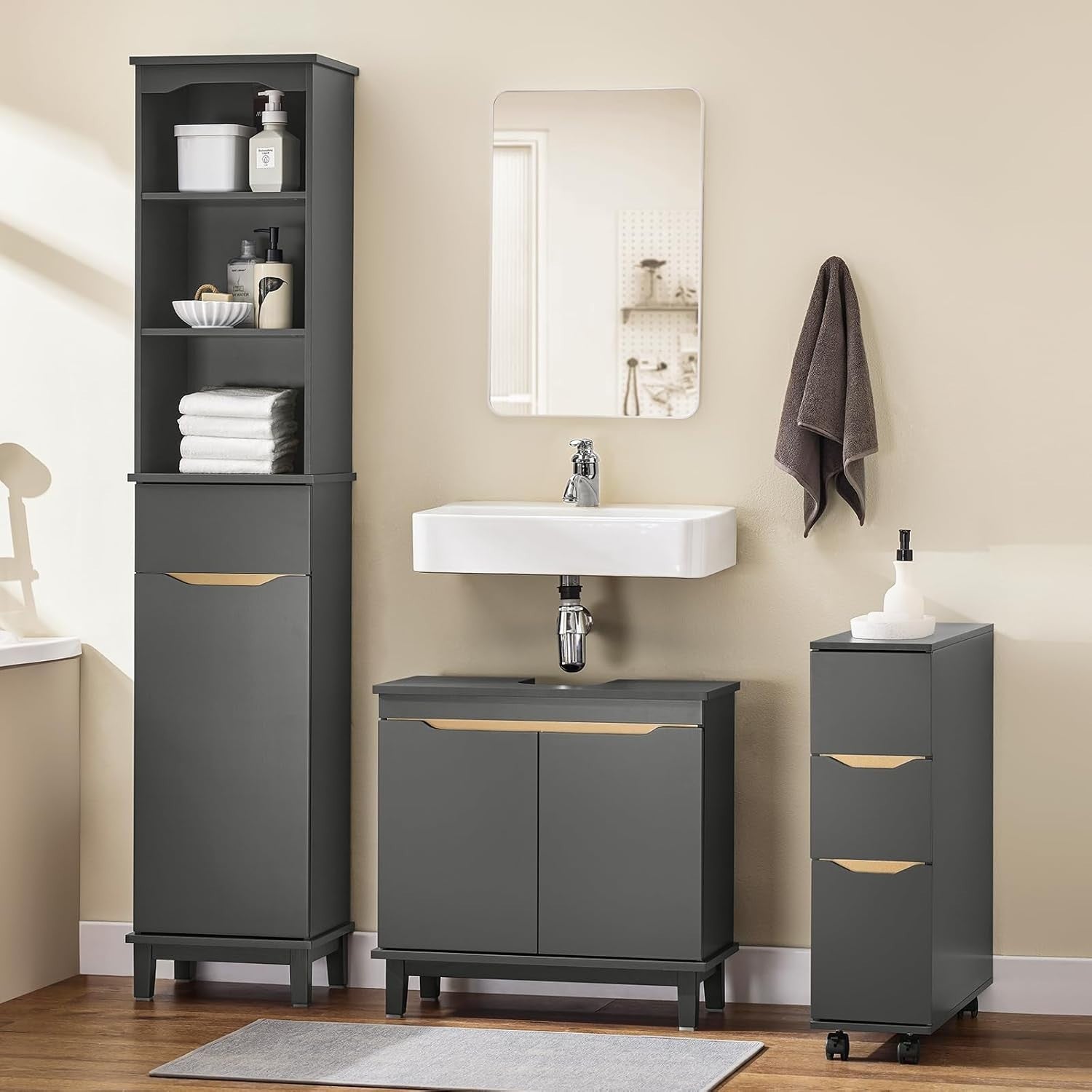 Slim Bathroom Storage Cabinet on Wheels 3 Drawers Dark Grey 20x60x70cm