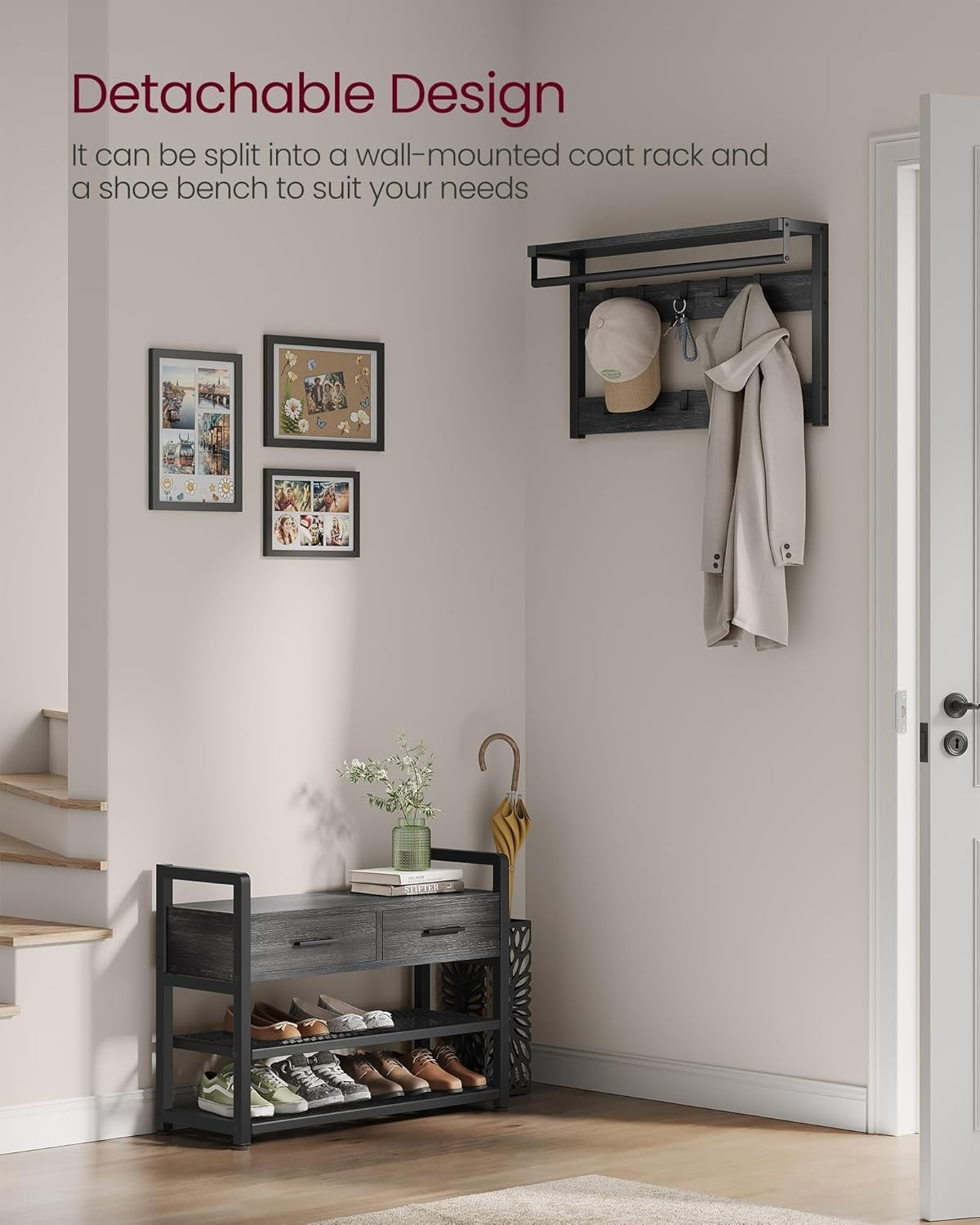 Grey Hall Tree Coat Rack with Bench & Shoe Storage 80x30x181cm