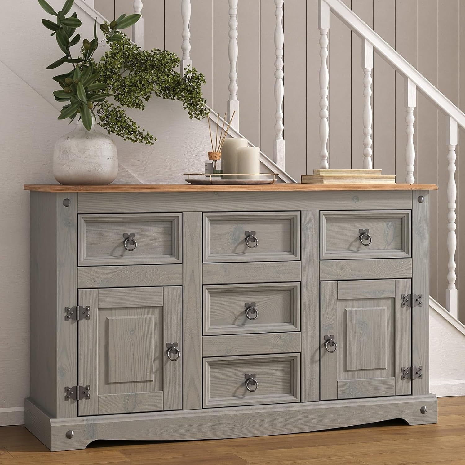 Grey Pine Sideboard Cabinet 2 Doors 5 Drawers Storage Rustic Solid Wood Unit