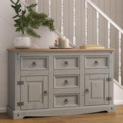 Grey Pine Sideboard Cabinet 2 Doors 5 Drawers Storage Rustic Solid Wood Unit