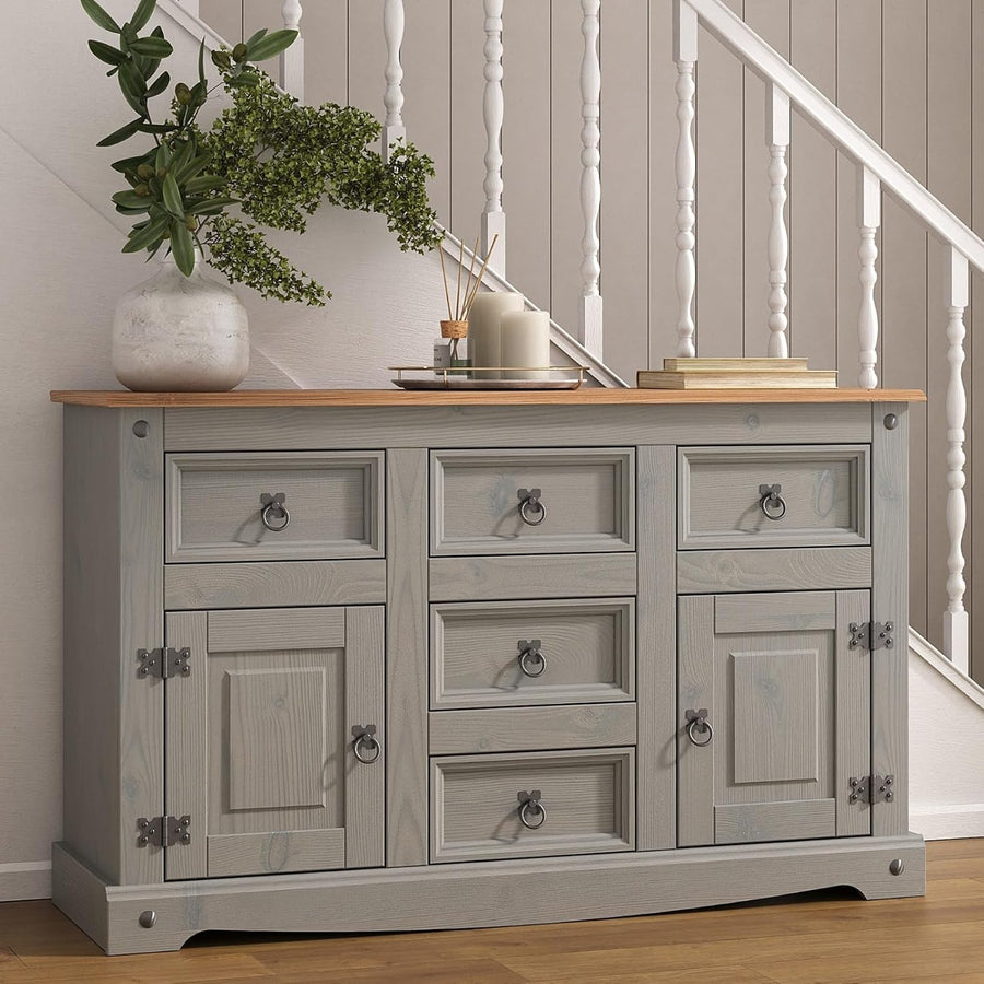 Grey Pine Sideboard Cabinet 2 Doors 5 Drawers Storage Rustic Solid Wood Unit