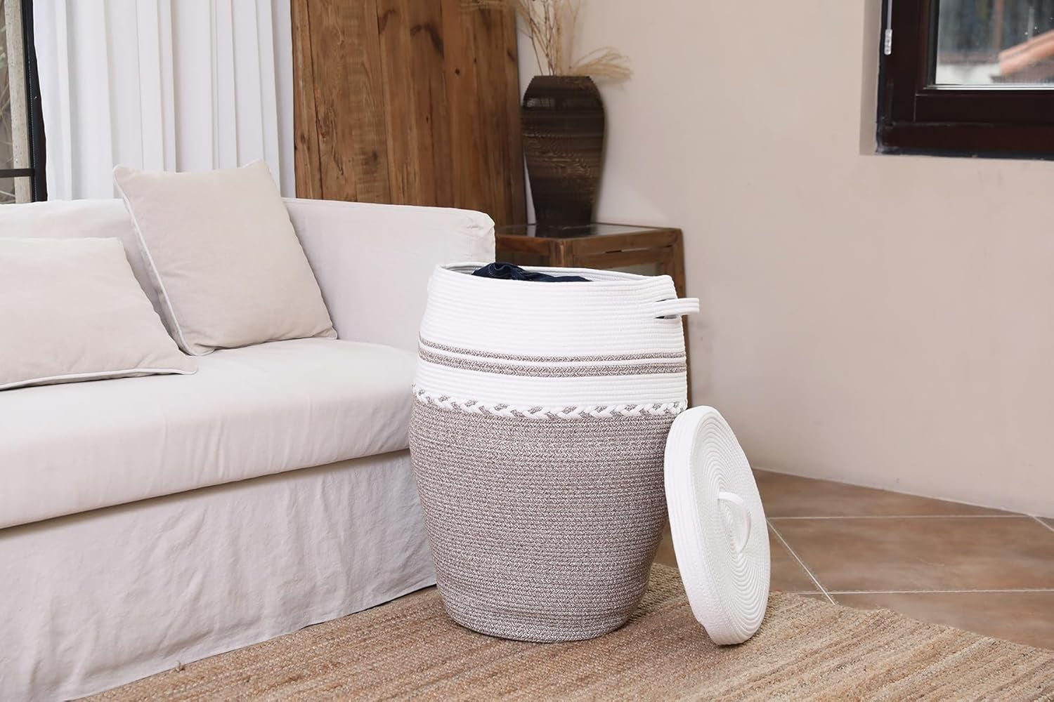 26" Tall White Camel Cotton Rope Laundry Basket with Lid Large Woven Storage Bin