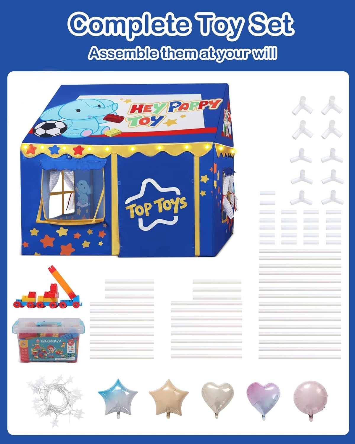 Kids Indoor Outdoor Play Tent w Lights Toy Set 3 Windows Large
