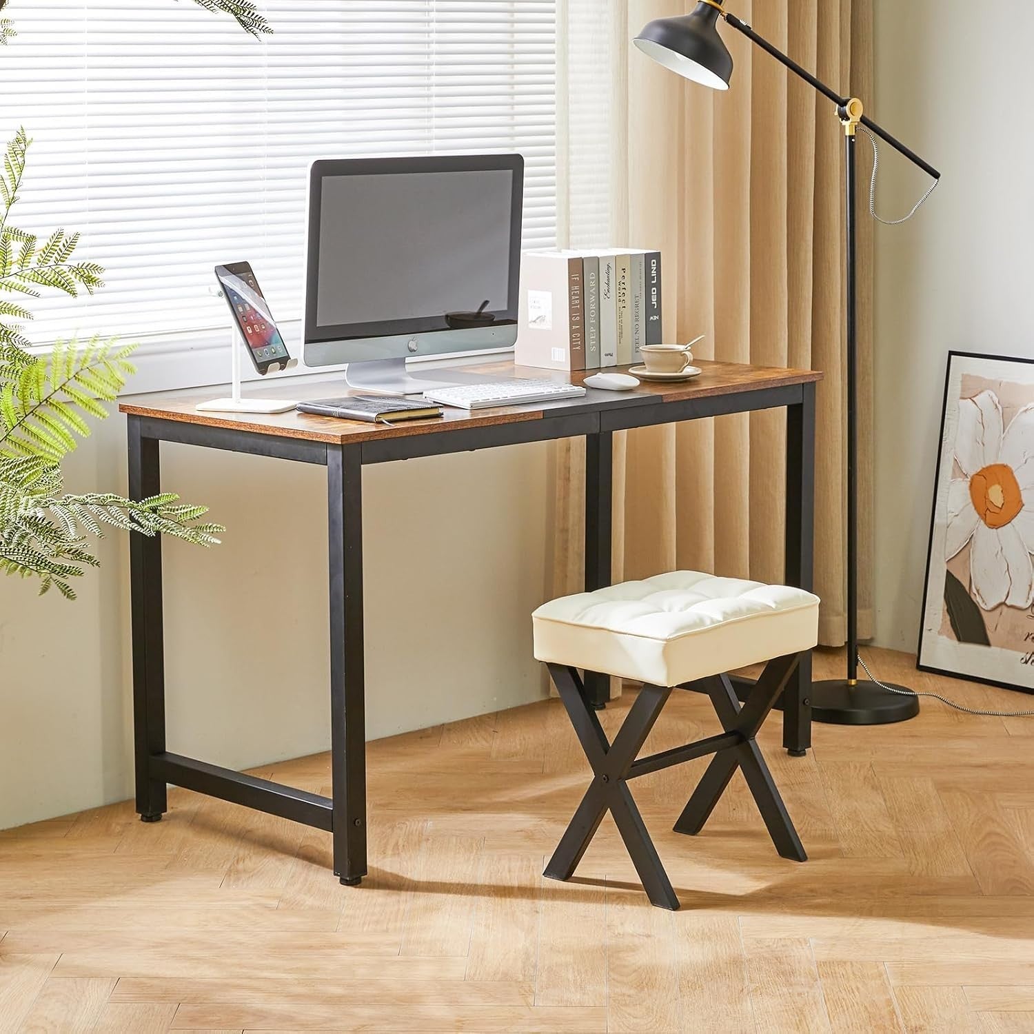 White PU X-Leg Vanity Stool – Square Makeup Seat & Footrest for Bedroom