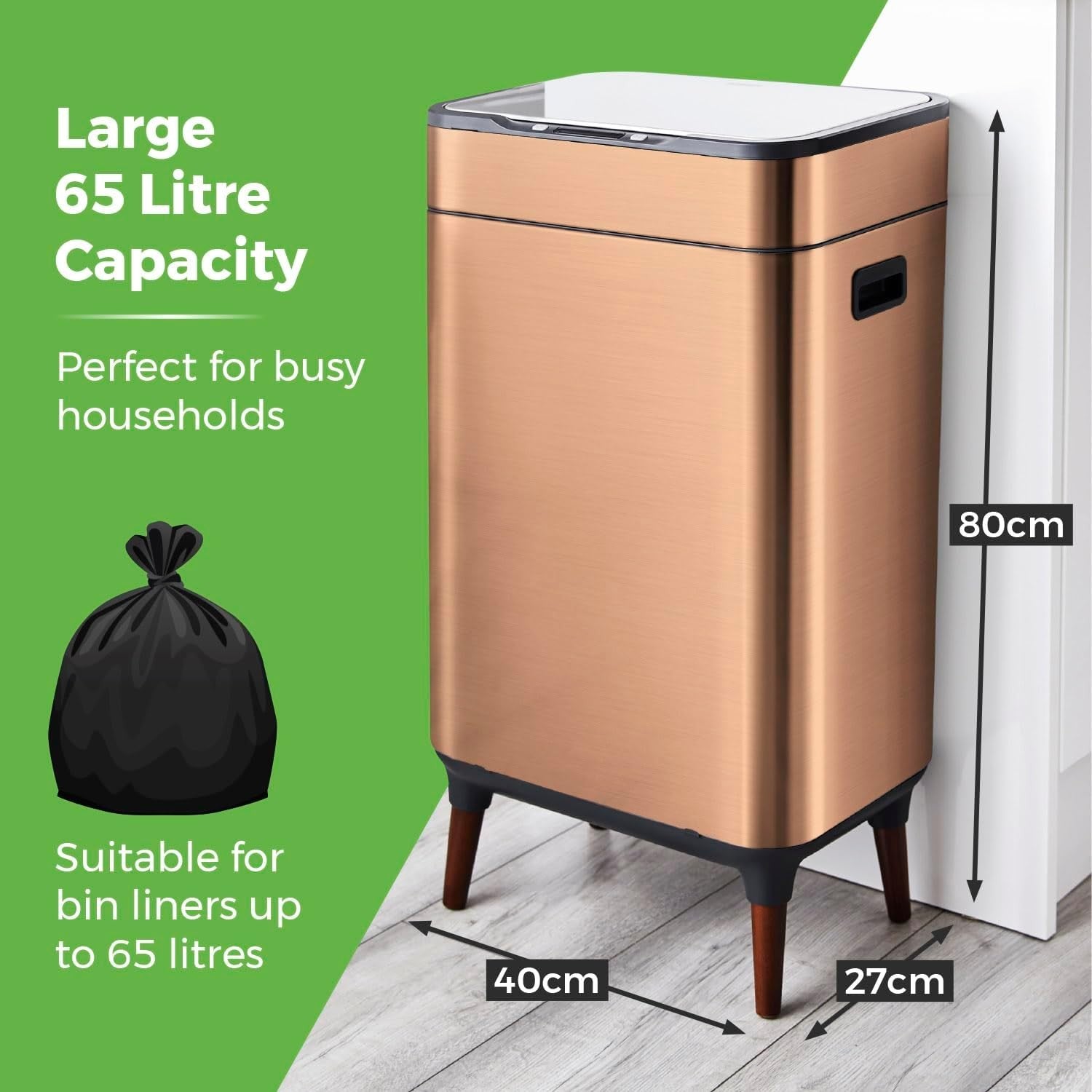65L Touchless Kitchen Bin | Automatic Sensor Trash Can Copper Finish