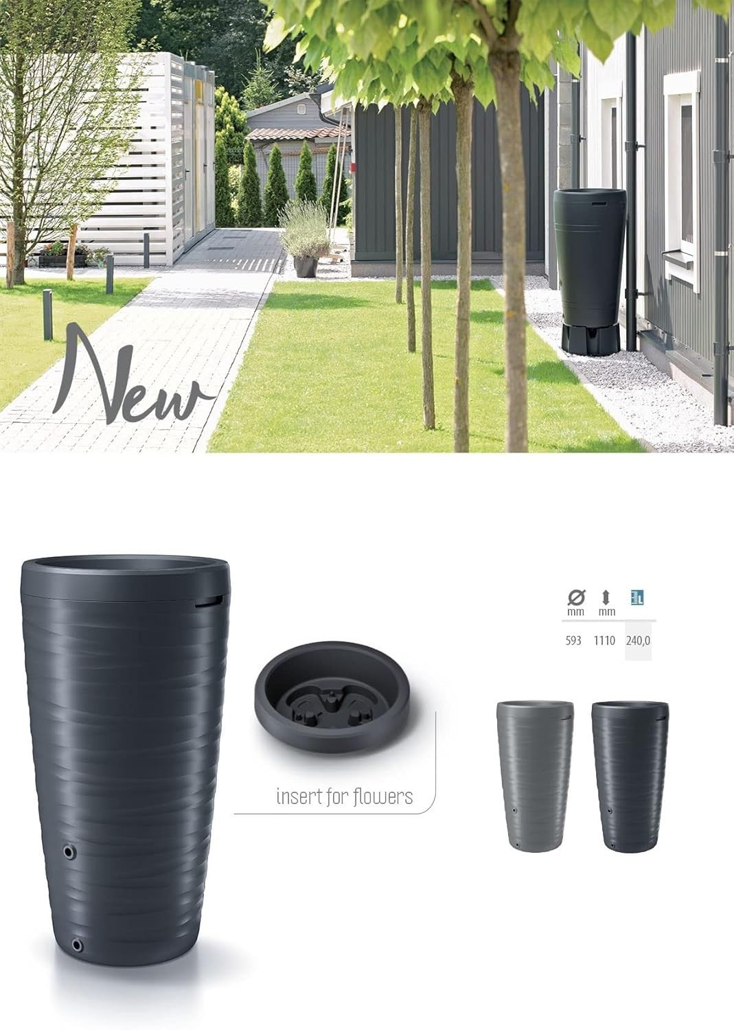 240L Anthracite Garden Water Butt with Connections & Plant Insert