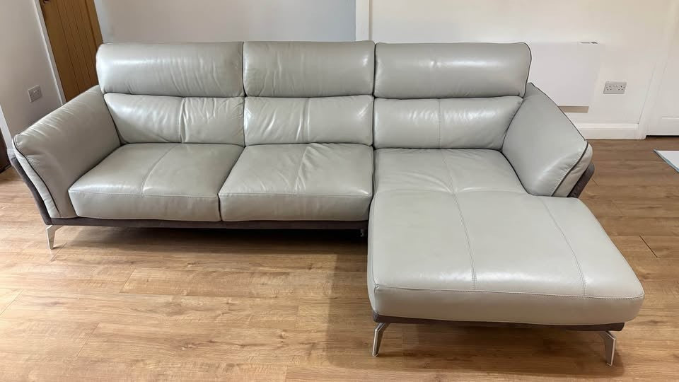 Large Grey Toned Leather Corner Sofa + Armchair (PTP)