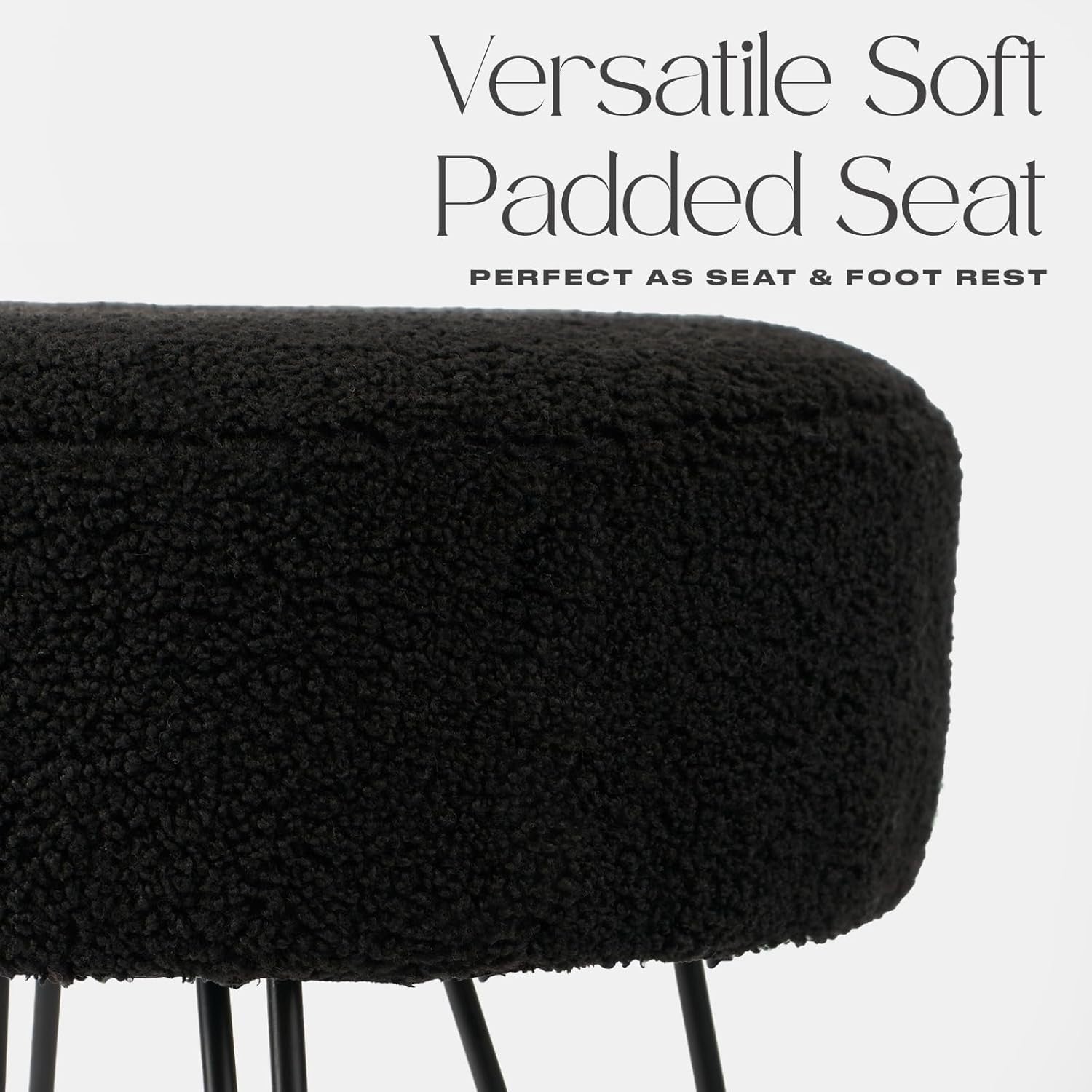 Black Bouclé Round Stool Modern Padded Pouffe Footrest Hairpin Leg Seat