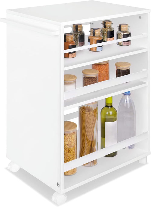 Kitchen Cart Trolley on Wheels 3 Tier Adjustable Shelves Wooden Worktop White