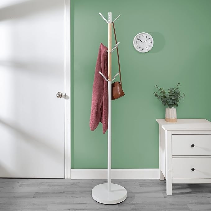 Modern Standing Coat Rack Tree White Wood Accents Entryway Organizer