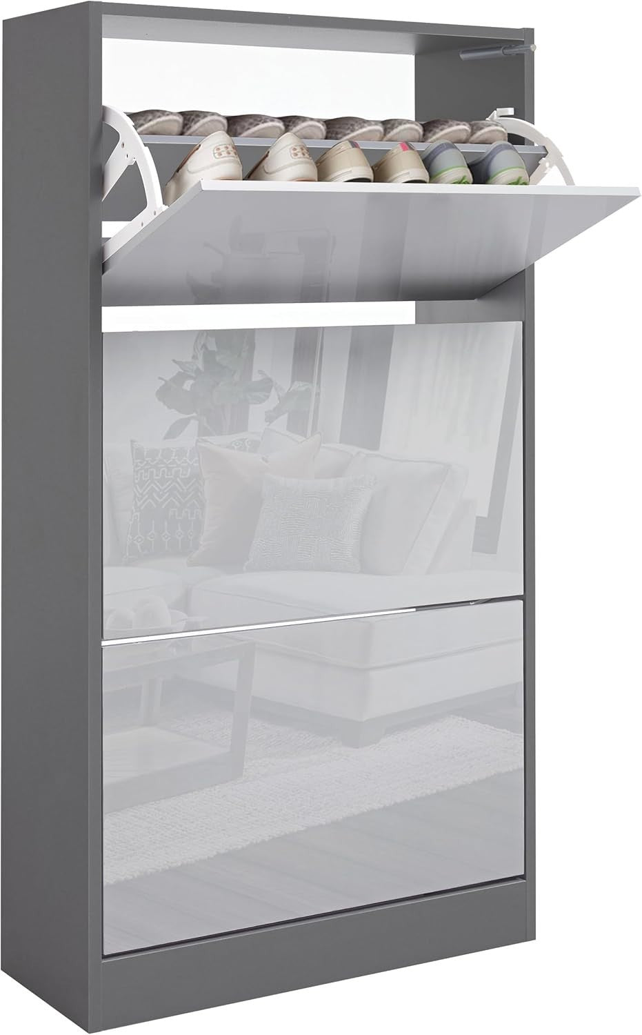 High Gloss 3 Drawer Shoe Cabinet Slim Space Saving Storage Unit Grey