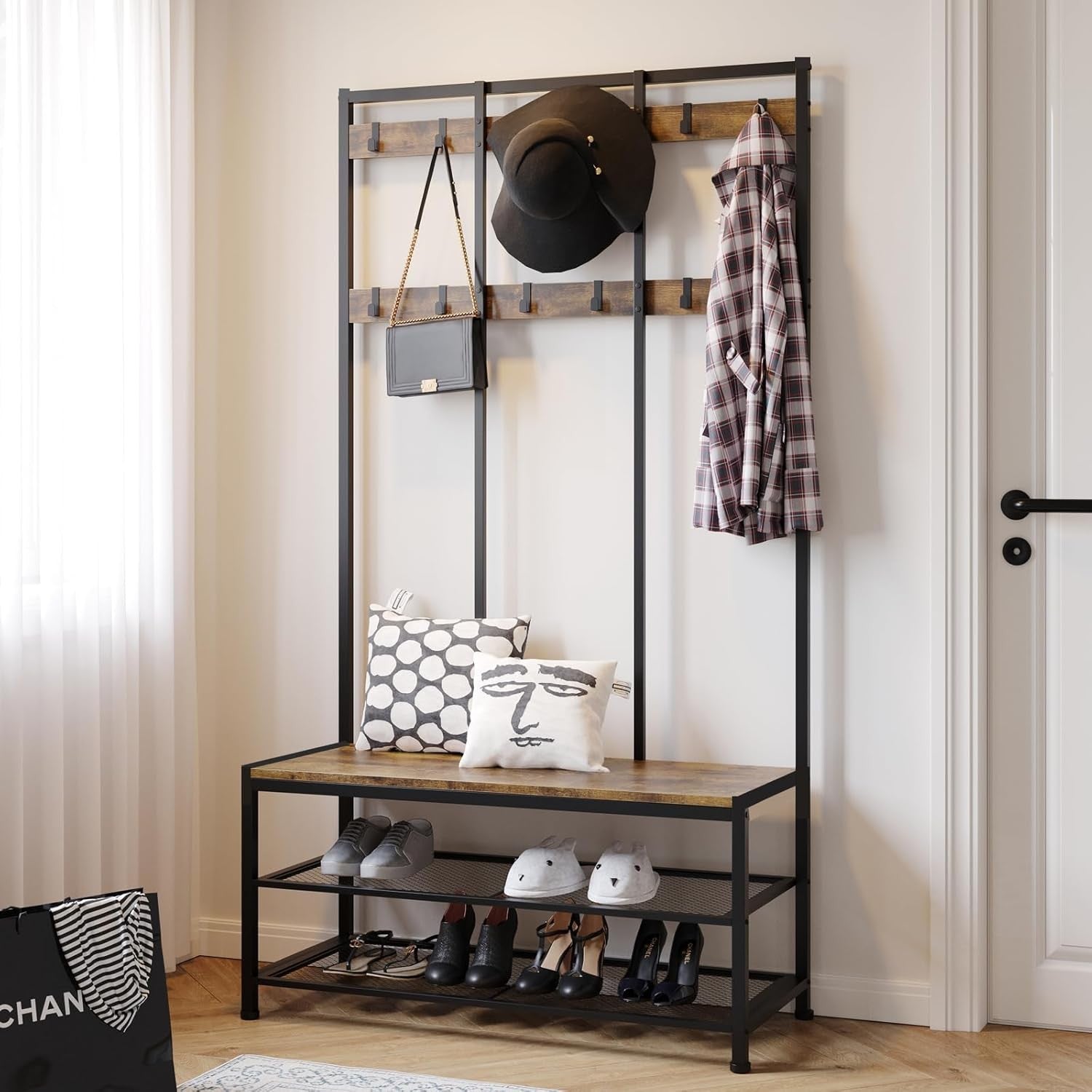 Industrial Coat Rack with Bench 3-in-1 Shoe Storage Hall Tree 12 Hooks 184cm
