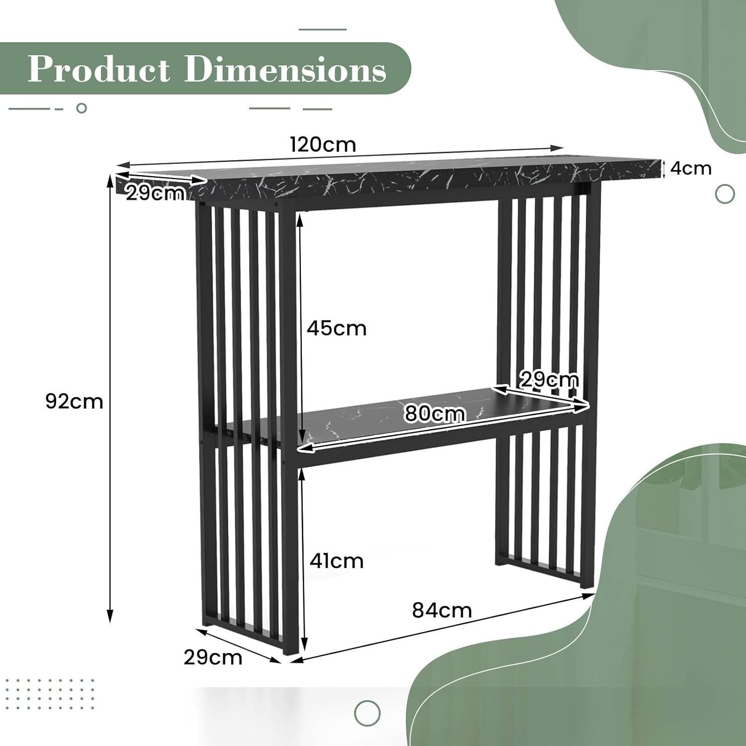 2-Tier Console Table Narrow Hallway Desk, Faux Marble, Black Metal Frame