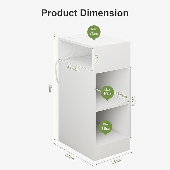 Slim White Bedside Table with Charging Ports & 3 Shelves, Modern Narrow