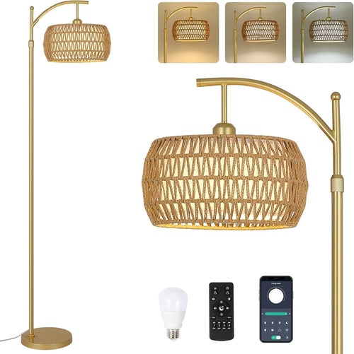 Rattan Floor Lamp Remote Control Dimmable LED Boho Gold Standing Light