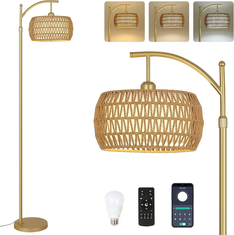 Rattan Floor Lamp Remote Control Dimmable LED Boho Gold Standing Light