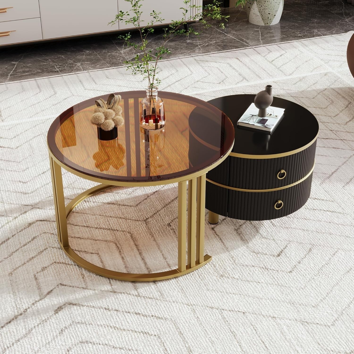 Round Glass Nesting Coffee Table Set with Drawers – Gold Frame, Space Saver