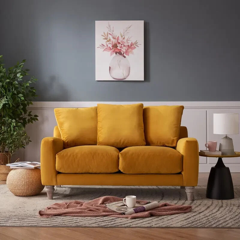 Luxury Mustard Velvet 2 Seater Sofa with Scatter Cushions & Wood Legs