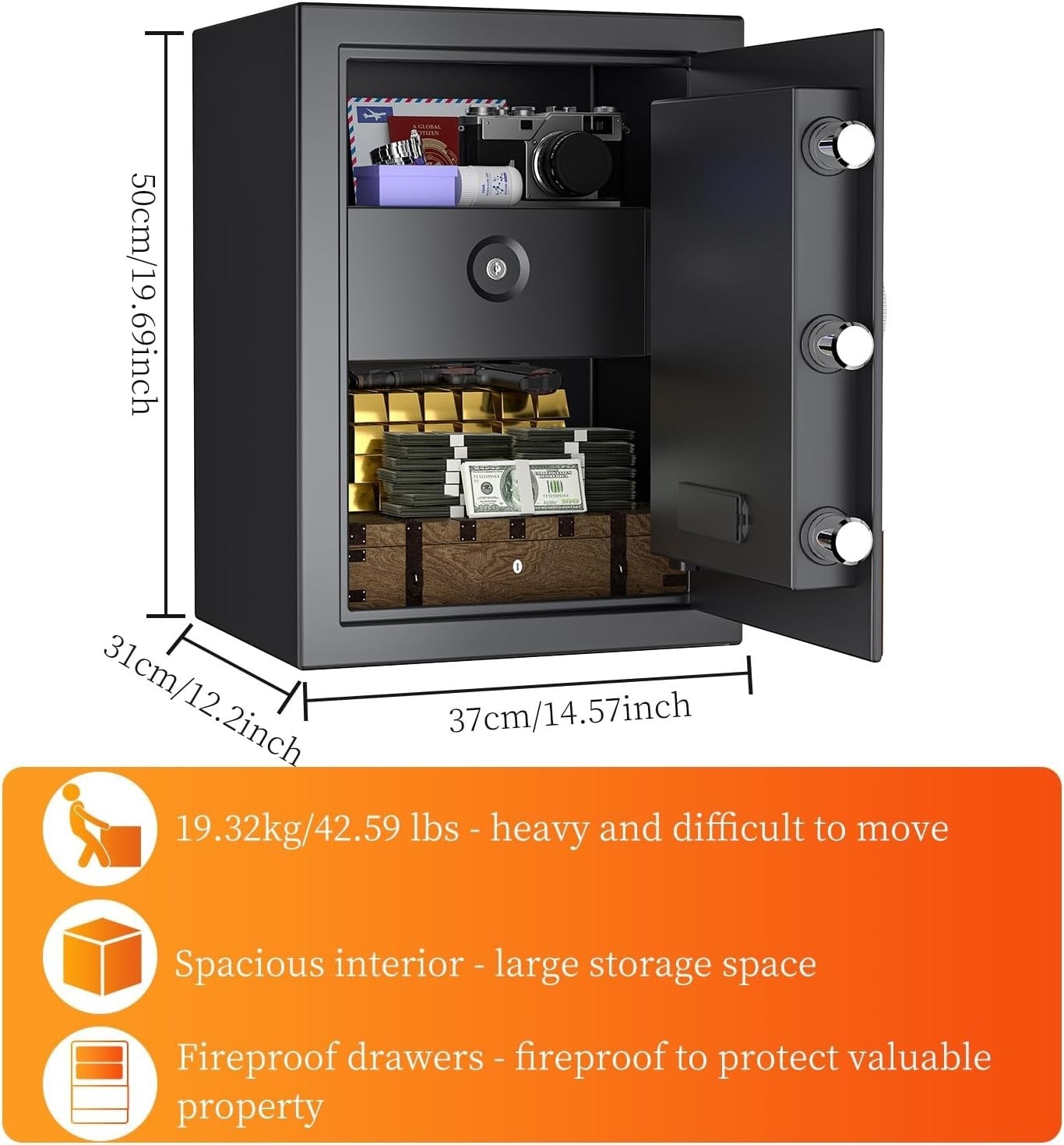 57L Fireproof Safe Box Digital Keypad Security Cabinet with Drawer