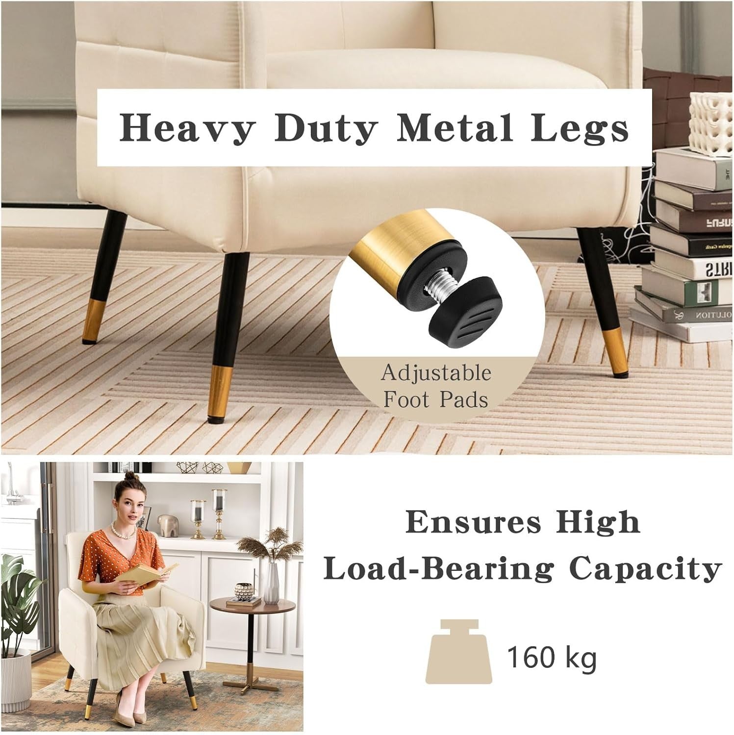 Comfy Modern Tufted Armchair, Linen Upholstered Accent Chair with Metal Legs