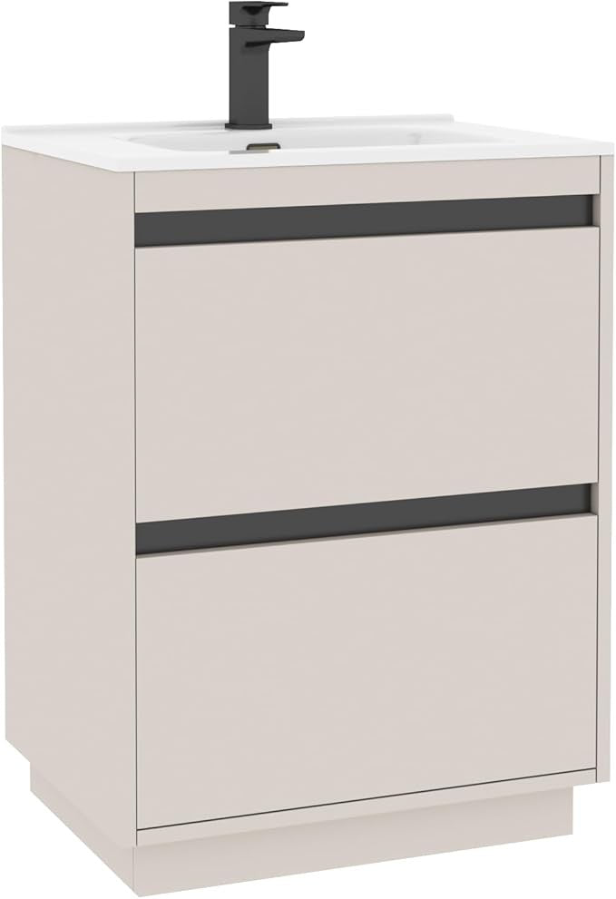 600mm Beige Floor Standing Vanity Unit with Basin Sink 2 Drawer Cabinet Modern