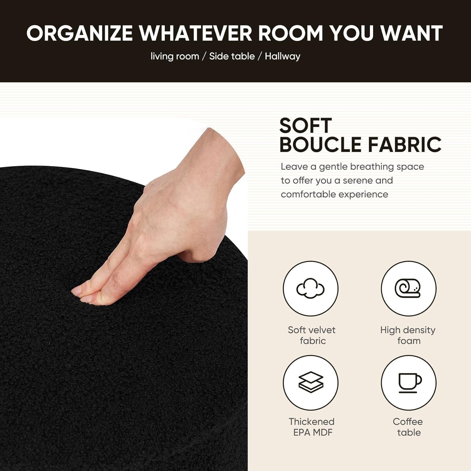 Black Boucle Round Storage Ottoman Large Foldable Footrest with Tray Lid