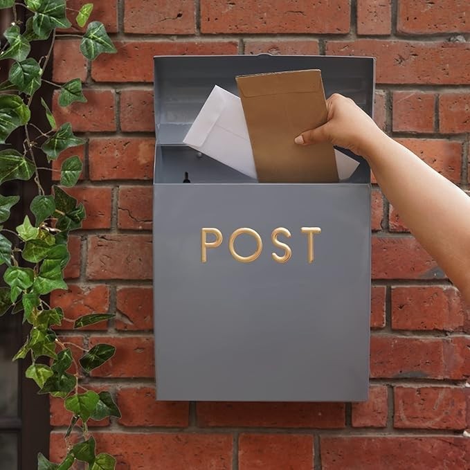 Wall Mounted Grey Post Box Large Weatherproof Mailbox No Lock Easy Access Durabl